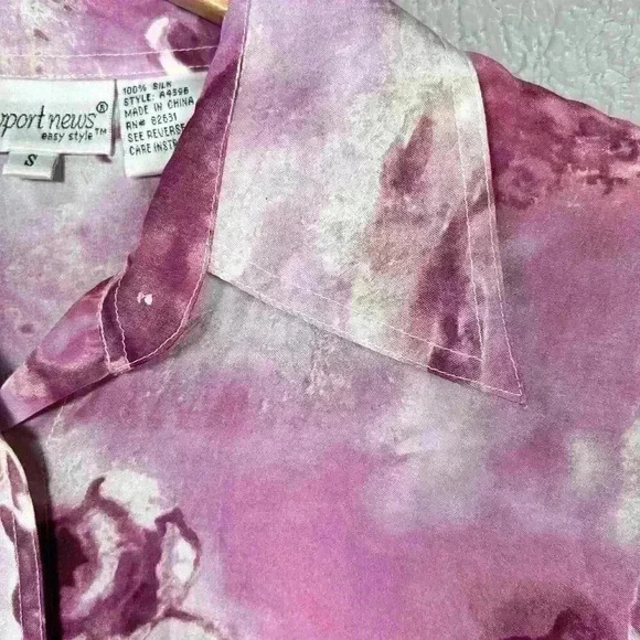 VINTAGE 90s 100% Pure Silk Pink Floral Button Up Blouse White Stitch Women Smal - Picture 3 of 11